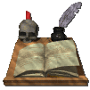 A book, quill, and skull candle.