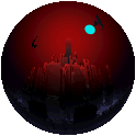 A dark grave inside of a red sphere, with dragons flying overhead.