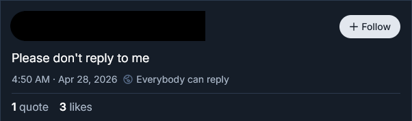 Please don't reply to me. (Everybody can reply.)
