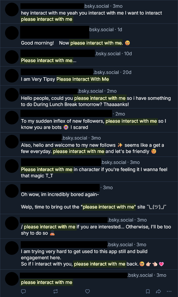 Many Bluesky users all saying 'please interact with me.'