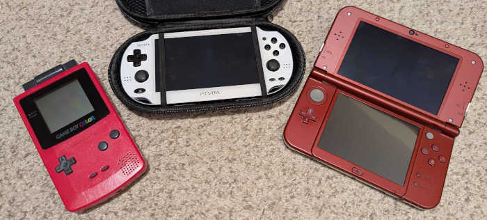 A GameBoy Color, a PS Vita, and a Nintendo 3DS.